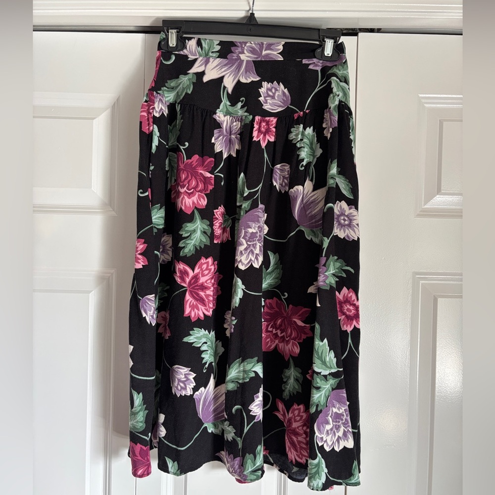 Vintage 80s Black Floral Midi Skirt with Pink & Purple Blooms